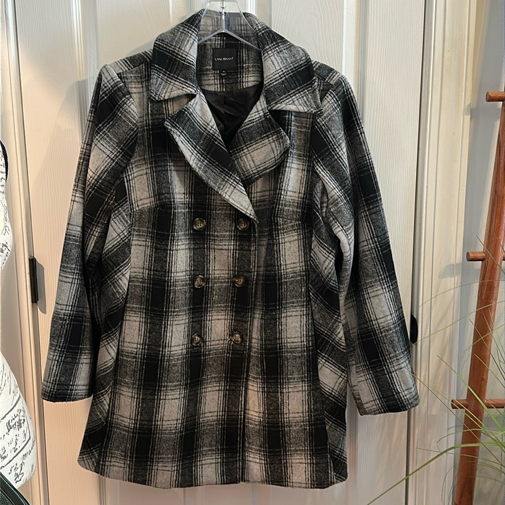 Lane Bryant Women’s Double-Breasted Faux-Wool Coat in Black & Grey Plaid, 16W